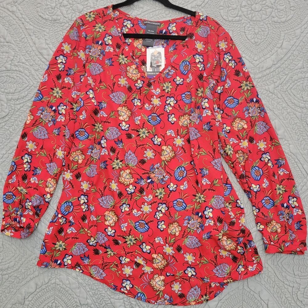 Chelsea & Theodore Blouse XXL Red Floral Long Sleeve Boho Eclectic Art-inspired